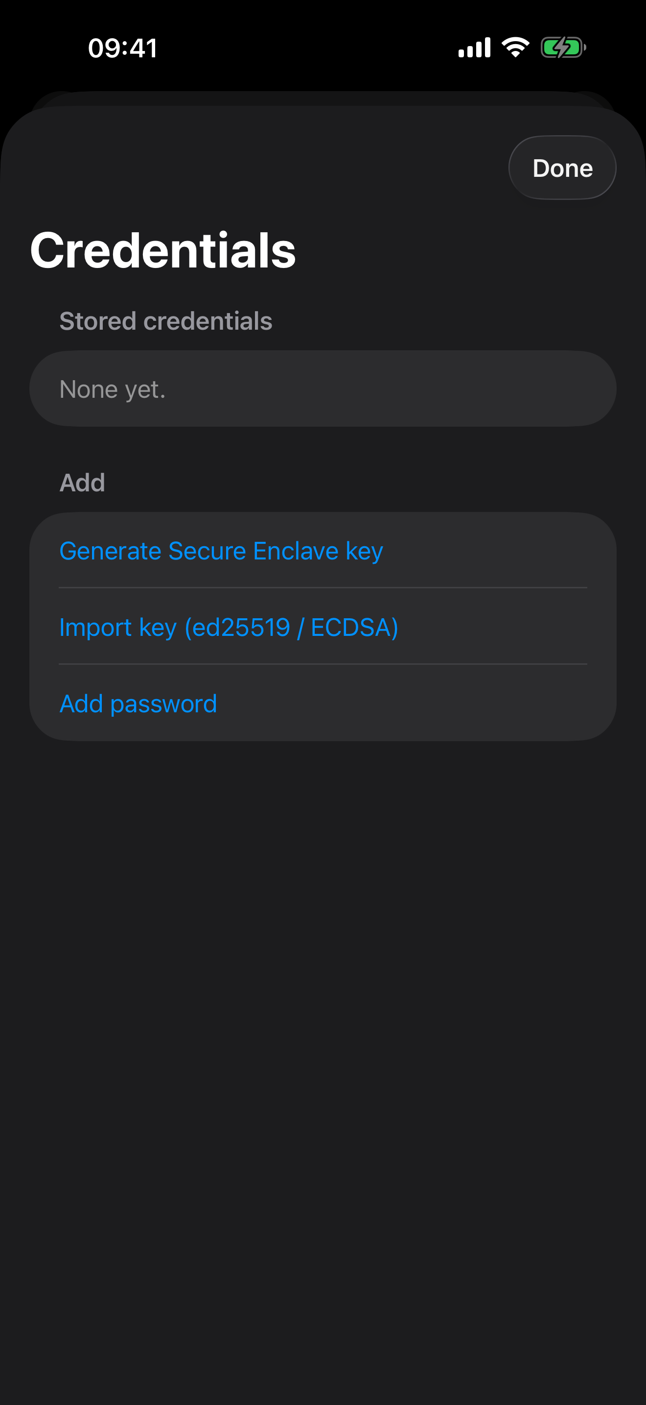 The dotMux credential vault on iPhone offering to generate a Secure Enclave key, import an ed25519 or ECDSA key, or add a password.