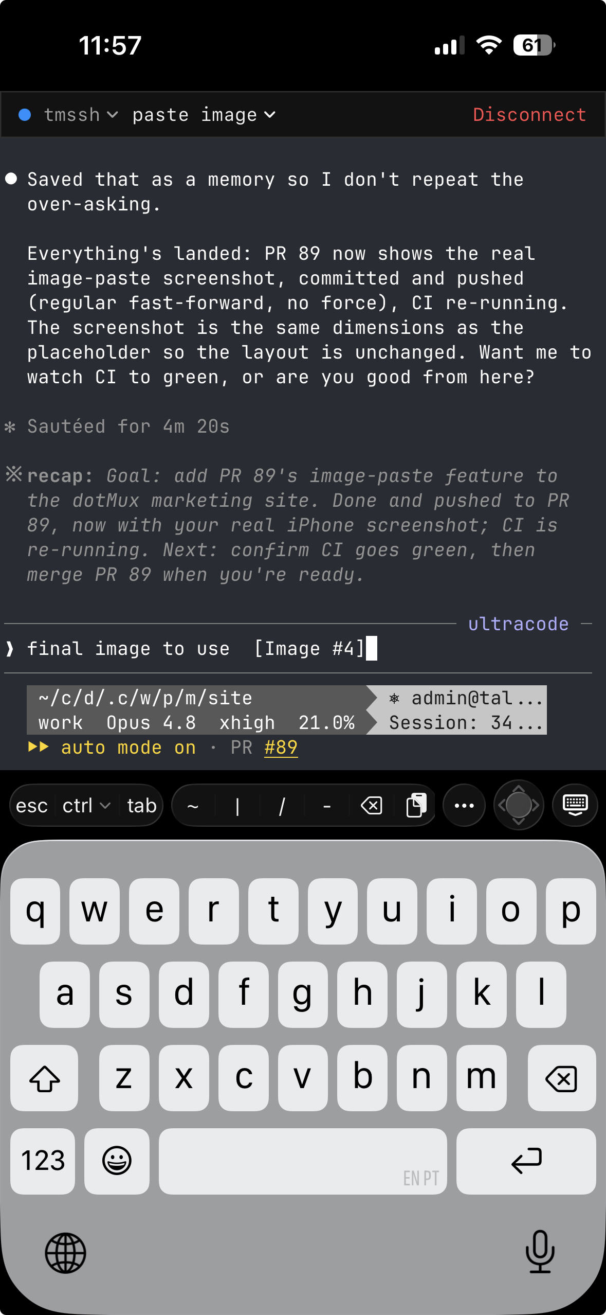 dotMux on iPhone running a Claude Code session over SSH, with the helper keyboard bar — including a paste key — above the iOS keyboard.
