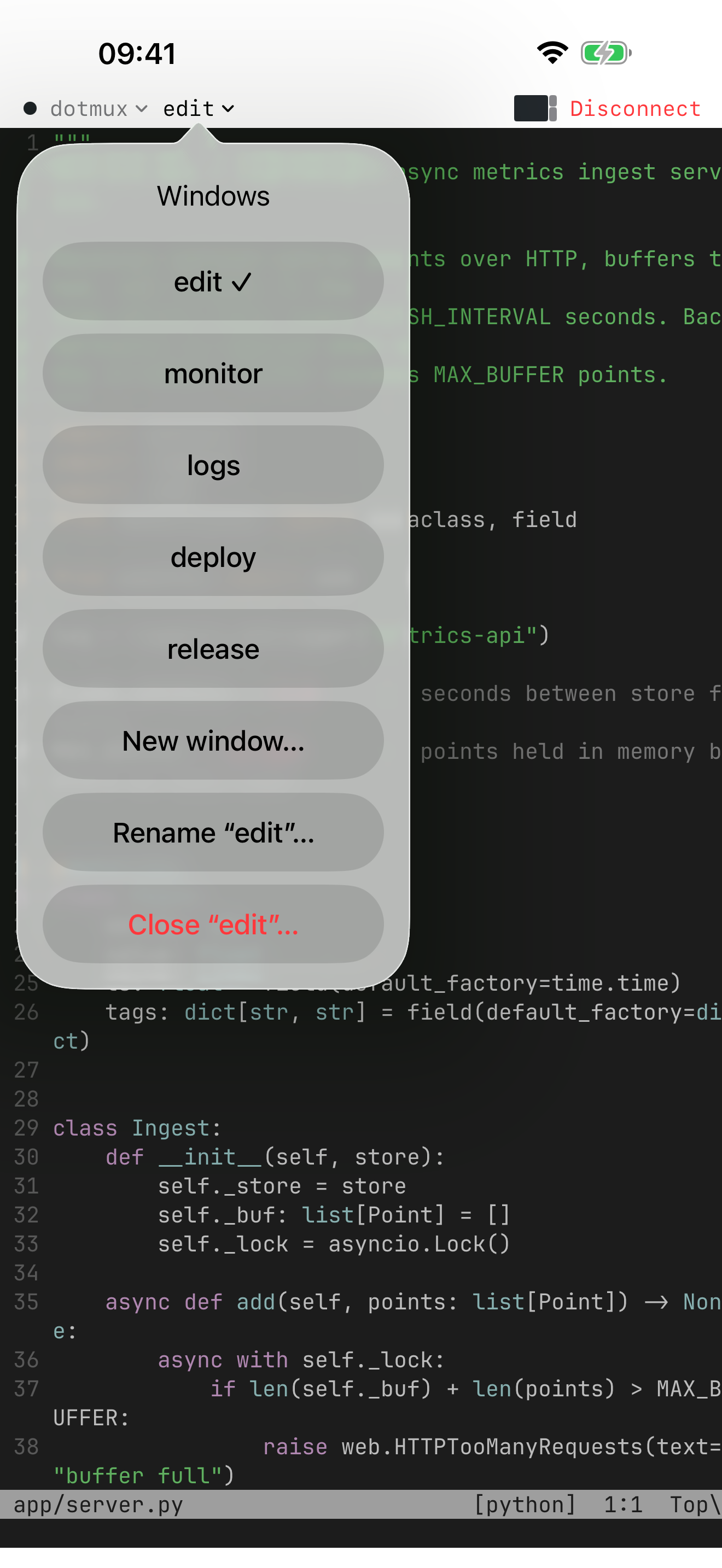 The dotMux theme picker on iPhone with a live terminal preview.
